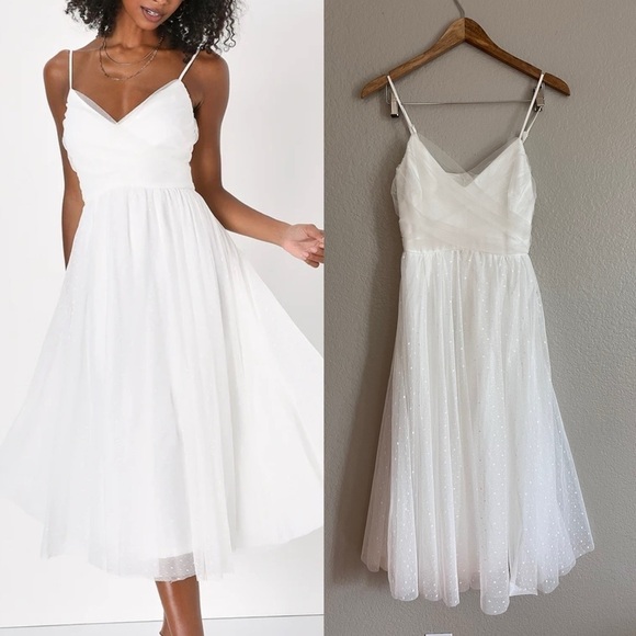 Lulus Dresses & Skirts - Sweet Serenade White Tulle Swiss Dot Surplice Midi Dress